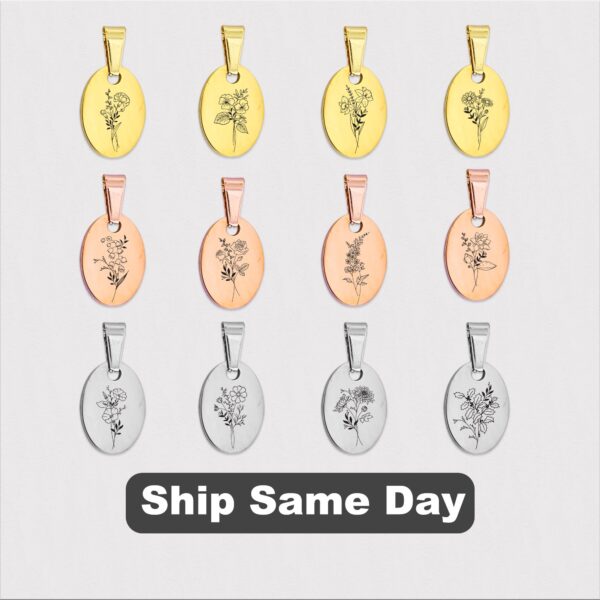 Personalized Engraved Birth flower Necklace, Oval Pendant Minimalist Dainty Necklace,Birthday Gift For Her,Valentine day gift for girlfriend