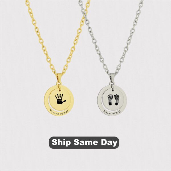 Custom Baby Hand and Footprint Necklace, Custom Name Engraved Coin Necklace Jewelry Charm Necklace, New Mom Gift with Mama Valentine Gift